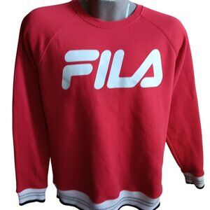 Fila Red Men's Crewneck Sweatshirt With Logo & Striped Cuffs Large